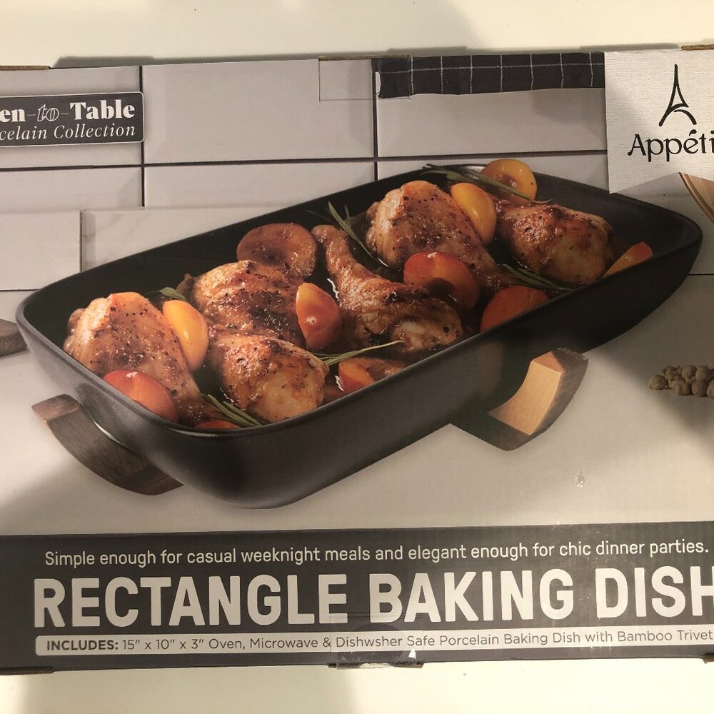 Appetit Porcelain Rectangle Baking Dish with Bamboo Trivet NIB 15"x10"x3"